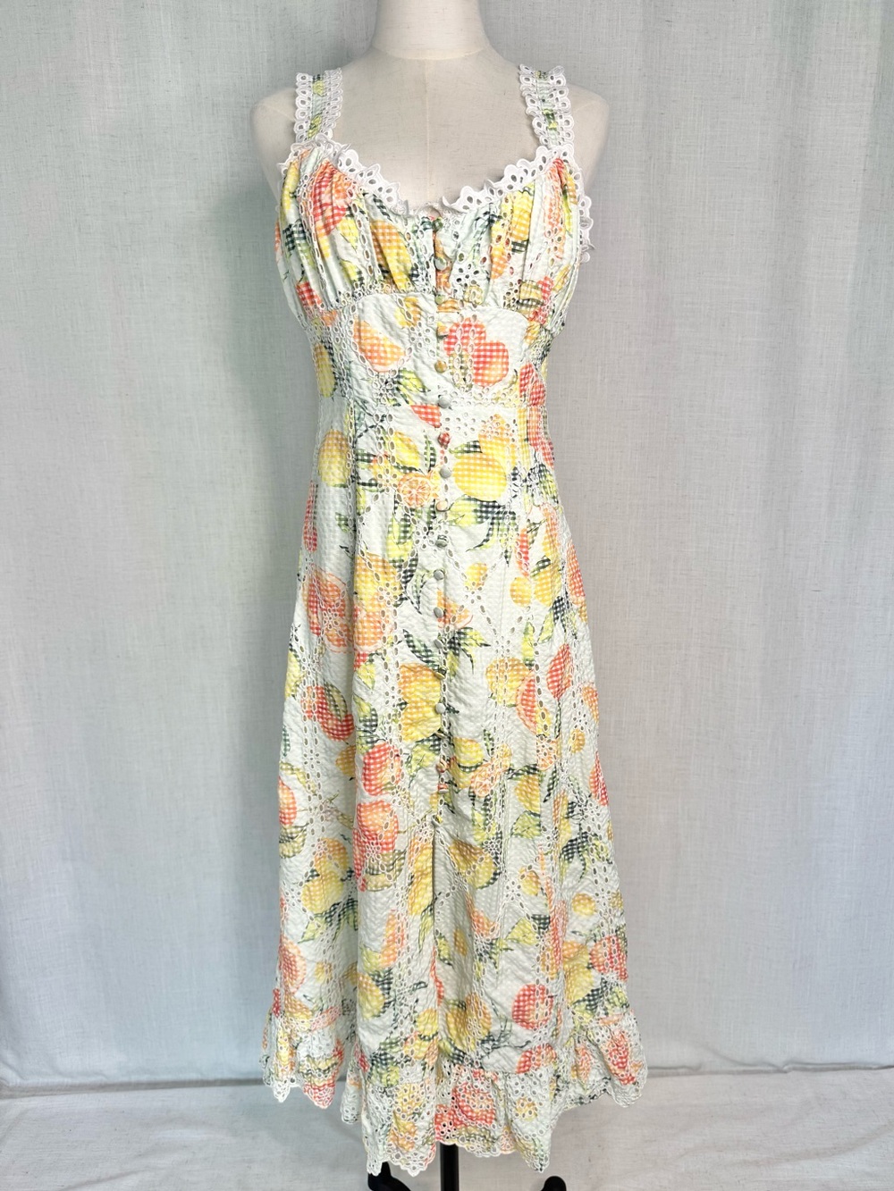 Anthropologie Ruffled Eyelet Floral Midi Dress Ivory Yellow Orange Size Small
